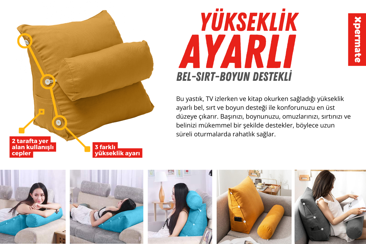 tv yastığı kanepe yastığı bel destek yastığı sırt yastığı üçgen yastık okuma yastığı boyun desteği açıklama görseli